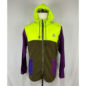 EUC All Good Fleece Hooded Jacket Colorblock Neon Yellow Olive Purple Mens Small